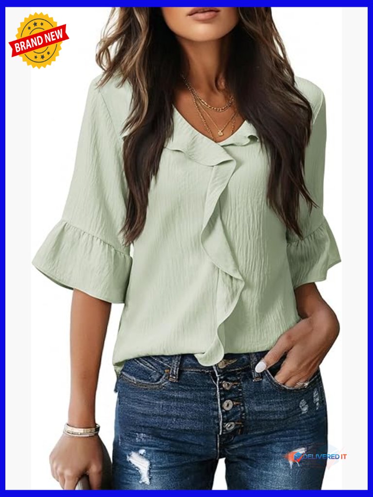 Womens Ruffle Bell Sleeve Blouse - 3/4 Sleeve V-Neck Work Shirt